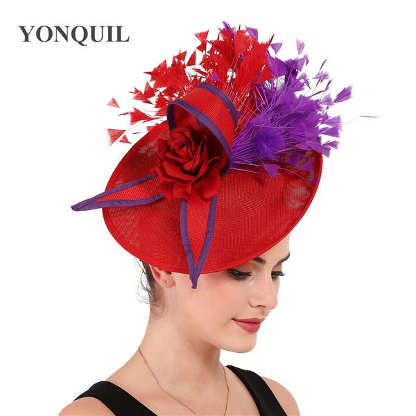 

red with purple feather fascinator wedding bridal fedora hat for party cocktail headpiece lady floral pattern headwear accessory, Blue;gray