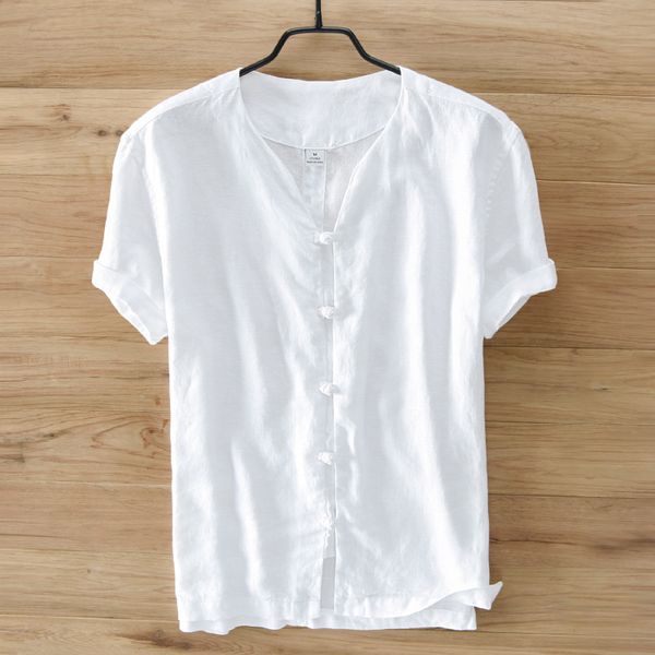 

men's casual shirts 2021 sumner 100% linen short sleeve shirt solid thin section slim fit clothing male white color dress, White;black