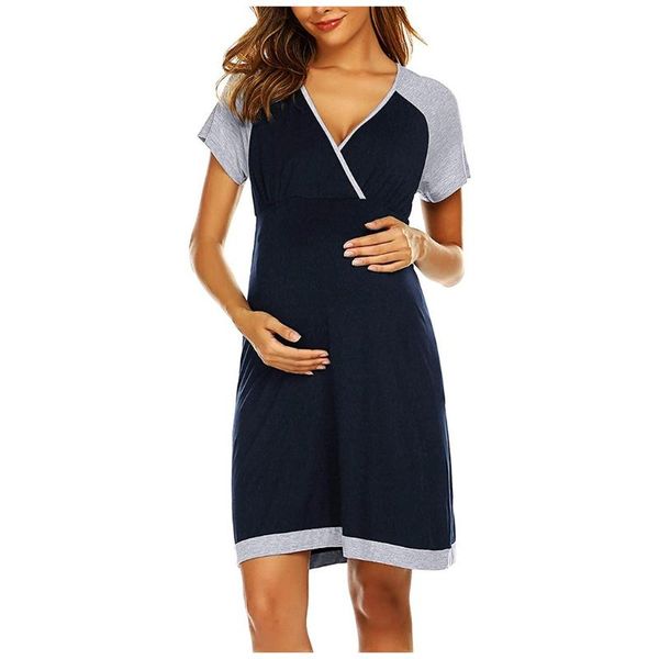

women maternity pregnant dresses nursing baby nightgown solid color short sleeve v-neck nightdress breastfeeding dress#g30, White