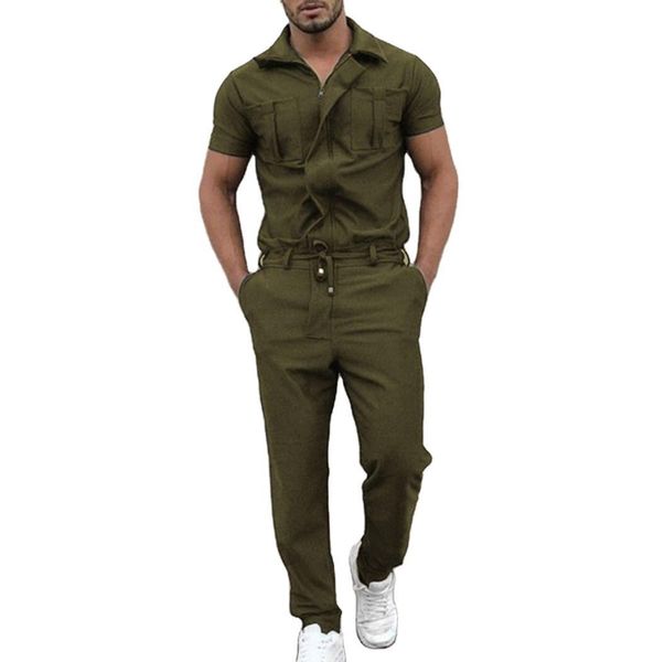 

summer zipper jumpsuit streetwear male tracksuits short sleeve solid color cargo pants set jumpsuits overalls -2xl, Gray
