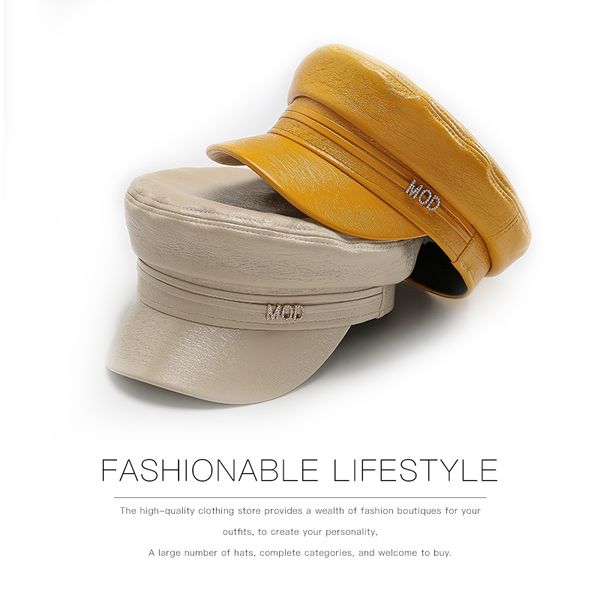 

japanese designer leather pu navy hat women autumn and winter net red rhinestone beret women korean octagonal hat, Blue;gray