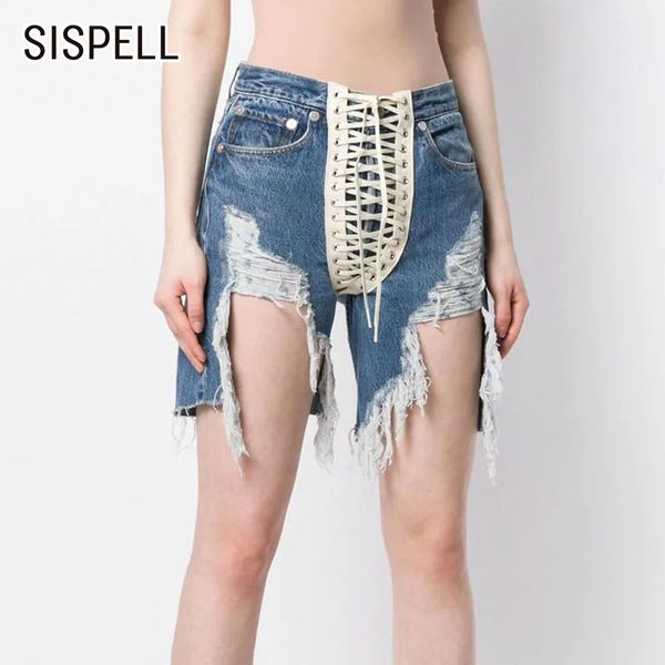 

sispell patchwork bandage women's denim short high waist tassel asymmetric for female casual shorts 2020 fashion streetwear new, White;black