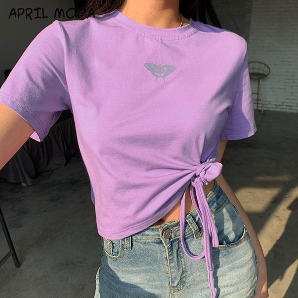 

2020 fashion new short sleeve shirts vintage women summer o neck solid crop lace up street casual shirts purple, White