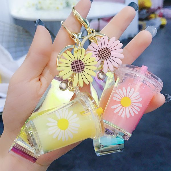 

creativity daisy flower pearl milk keychain liquid keyrings for women bag charms pendant jewelry car key decoration, Silver