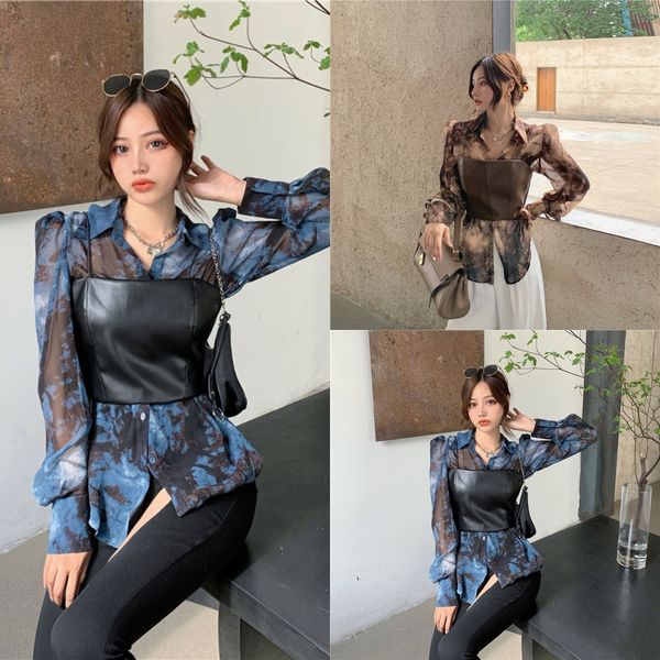

2020 early autumn new chic korean style hong kong style tie-dyed vest shirtshirt shirtgradient chiffon shirt leather camisole two-piece suit, Gray