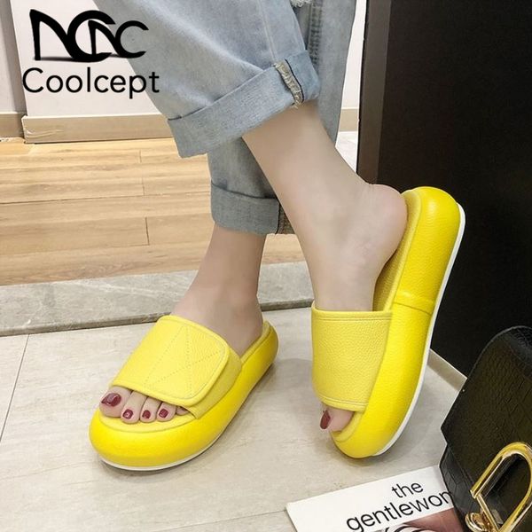 

dress shoes coolcept summer women thick bottom sandals slip on slippers simple casual home flat heel size 35-39, Black