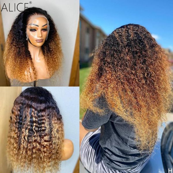 

alice ombre 150% density curly 13×4 t-part lace front human hair wigs scalp closure wigs with baby hair non-remy, Black;brown