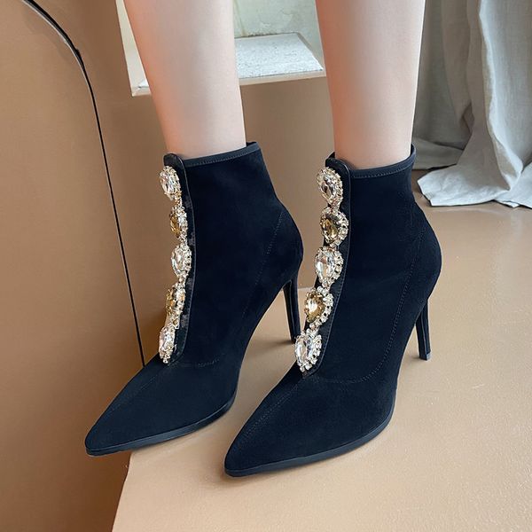 

2020 new winter brand high heels ankle boots women's shoes genuine leather crystal decoration stretch ankle boots femme, Black