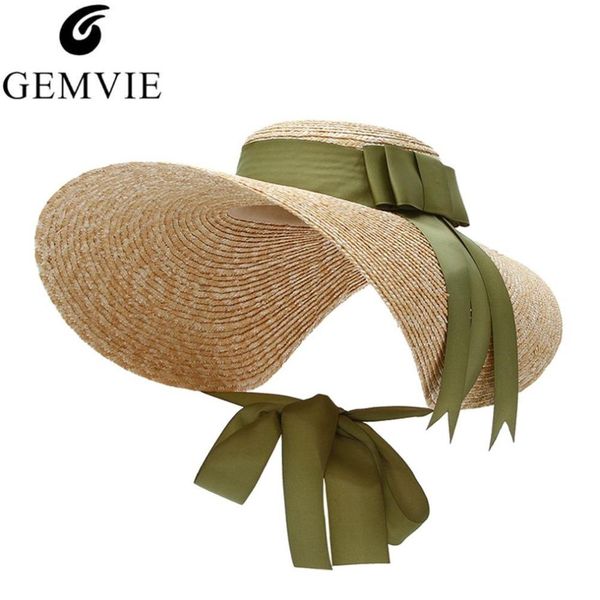 

gemvie trendy floppy large straw hat for women wide brim sun hats ribbon bow lady beach cap capeline boaters weave hat fedora, Blue;gray