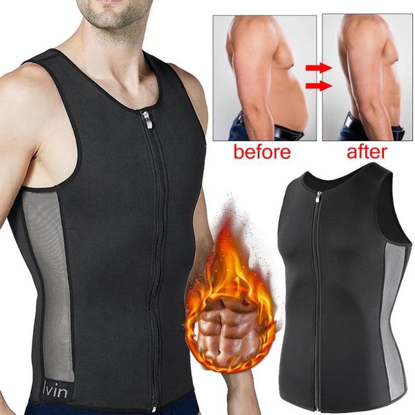 

men body shaper sauna vest waist trainer zipper sweat shirt black corset abdomen slimming shapewear fat burn fitness top, Black;brown