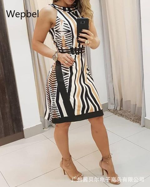 

wepbel women fashion dress sleeveless high waist o-neck dresses colorful printed slim fit casual knee length dress, Black;gray