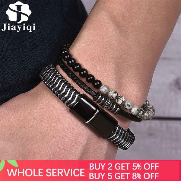 

2pcs/set charm men's leather bracelet stainless steel magnetic clasp natural lava stone braided wristband male gifts, Golden;silver