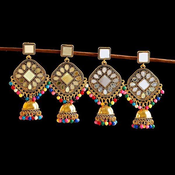 

anqi jhumka jewelry earring women bohemian ethnic gold alloy geometric mirror colorful beads tassel dangle earrings, Silver