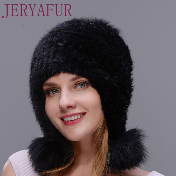

heißer verkauf 2020 reale natürliche nerz doppel eng gewebten hut für frauen winter kappe mit drei fuchs pelz pom poms dick und, Blue;gray