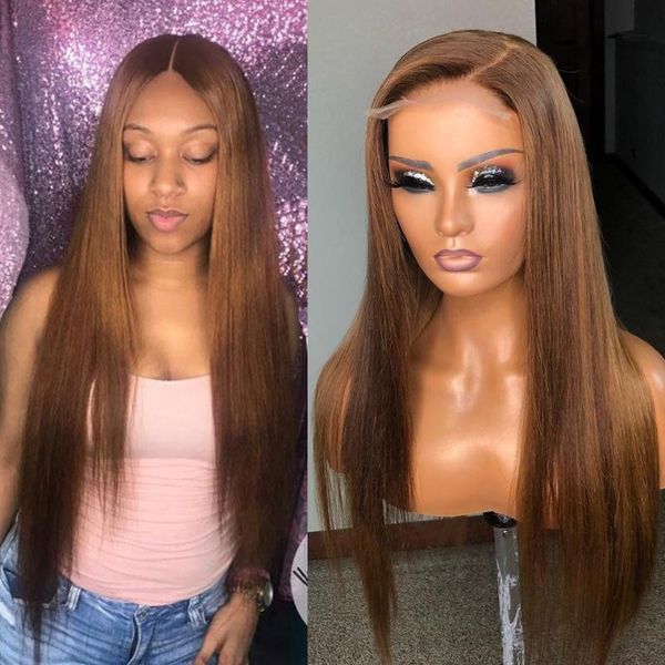 

150% #6 brown color straight lace front human hair wigs with baby hair brazilian remy 13x6 lace front wig bleached knots, Black;brown