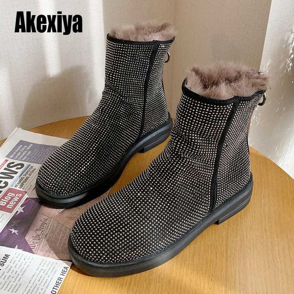 

women's winter boots rhinestone women platform boot 2020 fashion warm low-heeled ladies chunky shoes u333, Black