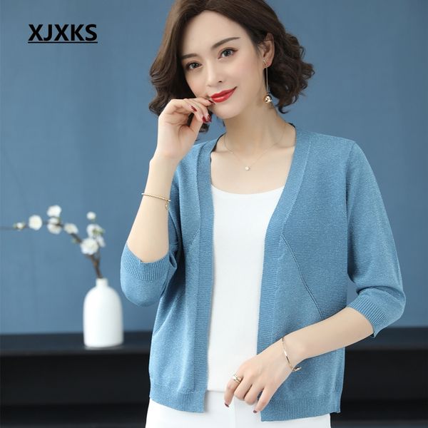 

women's knits & tees xjxks summer cardigan young women sweater solid thin loose 5/10 sleeves modis ladys casual knitted, White