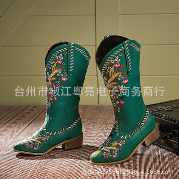 

nice classic embroidered western cowboy boots for women leather cowgirl boots low heels shoes knee high woman botas mujer, Black