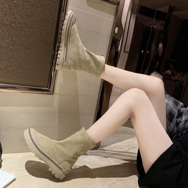 

women fashion front zipper flock boots round toe flat heels ankle boots woman casual autumn winter platform botas mujer, Black