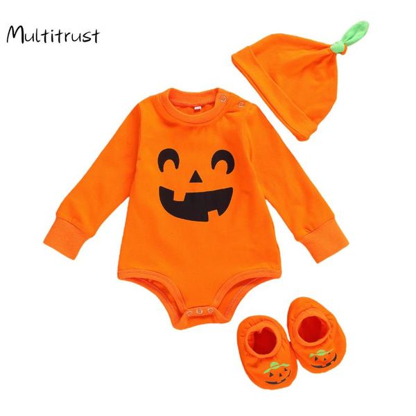 

3pcs toddler halloween suit orange o-neck long-sleeves bodysuits+ pumpkin ghost slip-on shoes + hat for baby boy girl 0-18, Blue