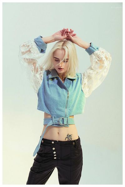 

lapel neck short jackets famale loose coat women lace denim panelled jackets perspective long sleeve, Black;brown