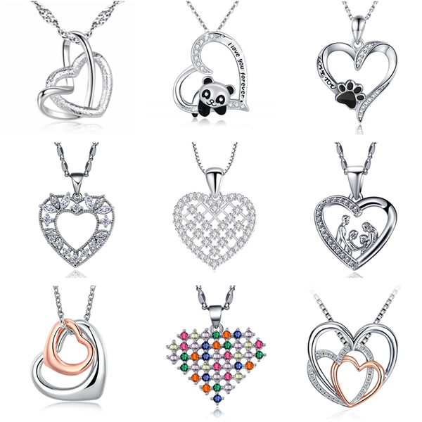 

2020 new love heart shape chain necklace for women pendant necklace cubic zirconia leaf feather jewelry collier, Silver