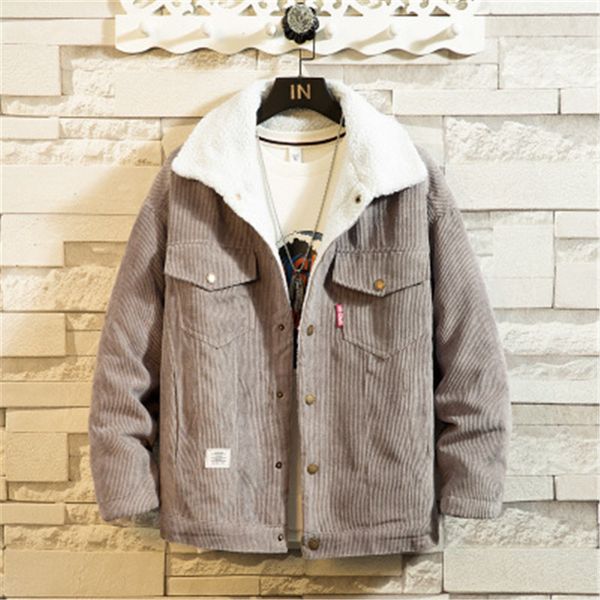 

man corduroy cotton jacket fashion trend long sleeve thicken casual coats desigenr male winter lamb fur couple rivet outerwear, Black;brown