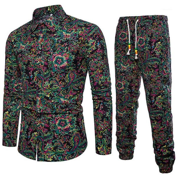 

luxury designer 2pcs set long sleeve print shirts pants suit fashion slim male clothing mens 2020, Gray