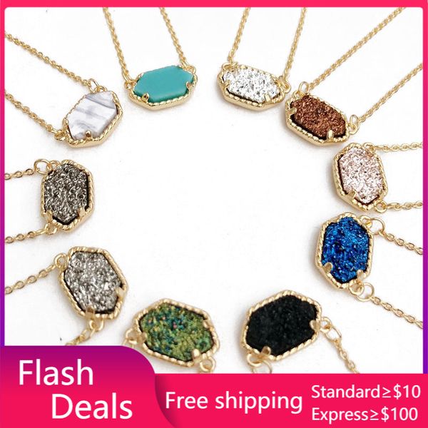 

pendant necklaces druzy drusy necklace hexagon resin druse gold colour chain collar fashion brand jewelry women girl gift, Silver