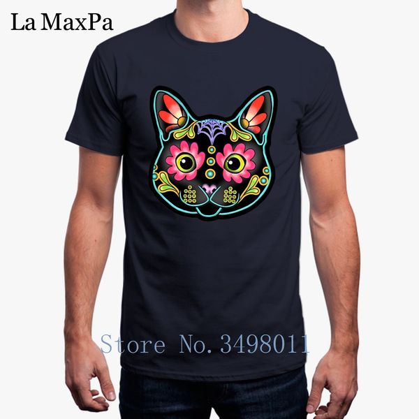 

funny tshirt for men black cat day of the dead sugar skull kitty solid color t-shirt mens round neck fitness t shirt for men