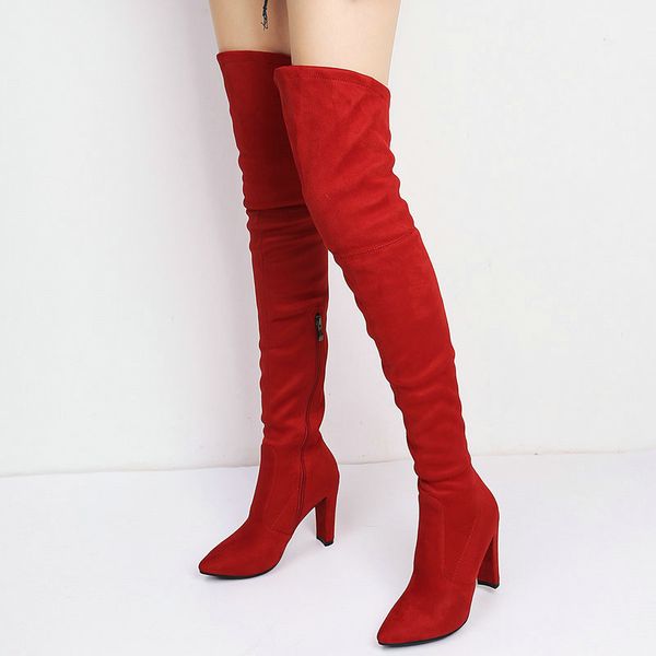 

pointed toe block high heel stretch boots women fashion faux suede over the knee boots female 2020 winter long thigh, Black