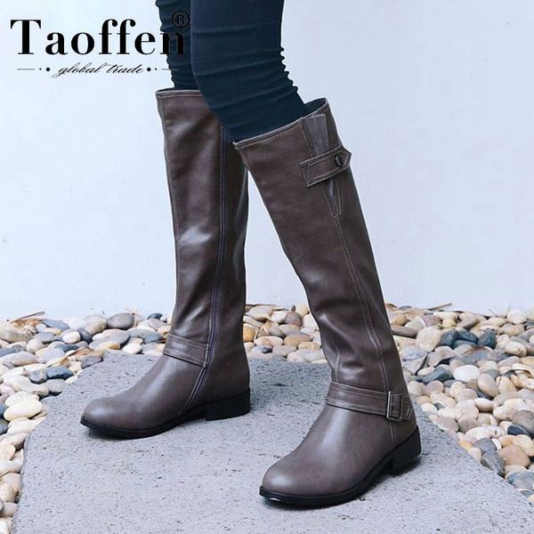 

taoffen women knee high boots keep warm fashion metal buckle knight shoes women winter fur casual flats botas mujer size 34-43, Black