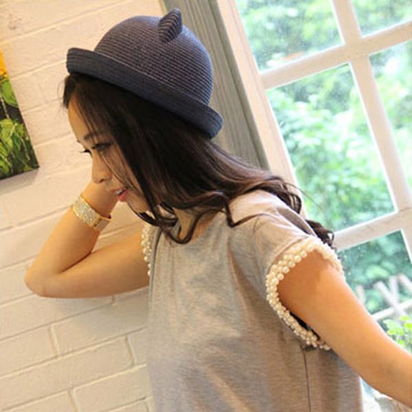 

wide brim hats lnrrabc cat ears cute women summer straw beach headwear ladies handmade sun cap chapeau femme, Blue;gray
