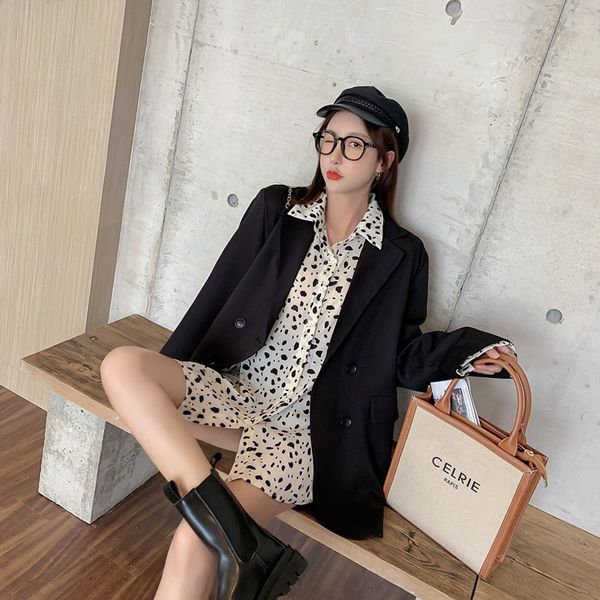 

casual coat shirt coatfashion autumn women's 2020 korean style new polo collar leopard print shirt suit coat two-piece suit vzoez, Gray