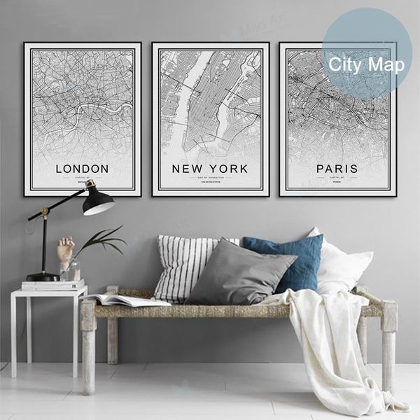 Mappa della città del mondo in bianco e nero Parigi Londra New York Poster Soggiorno nordico Immagini di arte della parete Decorazioni per la casa Dipinti su tela