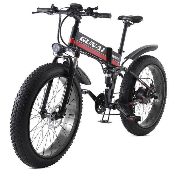 

gunai electric bike,1000w 48v12.8ah folding 26 inch tire mountain bike 21 speed e-bike pedal assist hydraulic disc brake, Silver;blue
