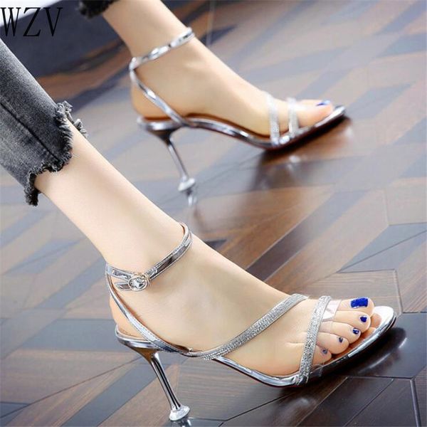 

2020 ankle strap heels women sandals summer crystal shoes woman open toe thin with party dress shoes narrow band sandal new, Black