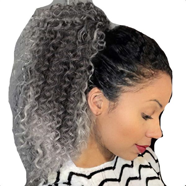 Cinza com cordão de-cavalo extensões Ombre Preto Ponytails cinza da Mulher Negra Kink cabelo encaracolado Tails Two Tone rabo de cavalo peruca Cabelo Grisalho