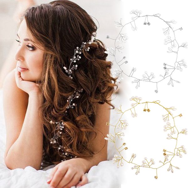 

35cm crystal simulated pearl bridal vine tiaras hairbands crown headpiece hairpins bride pearl wedding hair accessories jewelry, Golden;silver