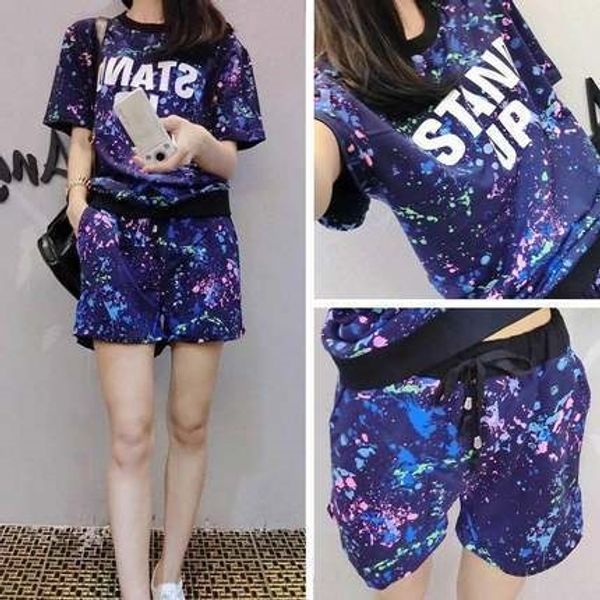 

summer pants t-shirt pants set casual sports shorts women's letter splash ink t-shirt two-piece suit paint printing casual sweater suit, Gray