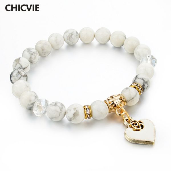 

chicvie heart charm bracelets bangles white natural stone bracelet for women pulseiras boho jewelry friendship bangle sbr150344, Golden;silver