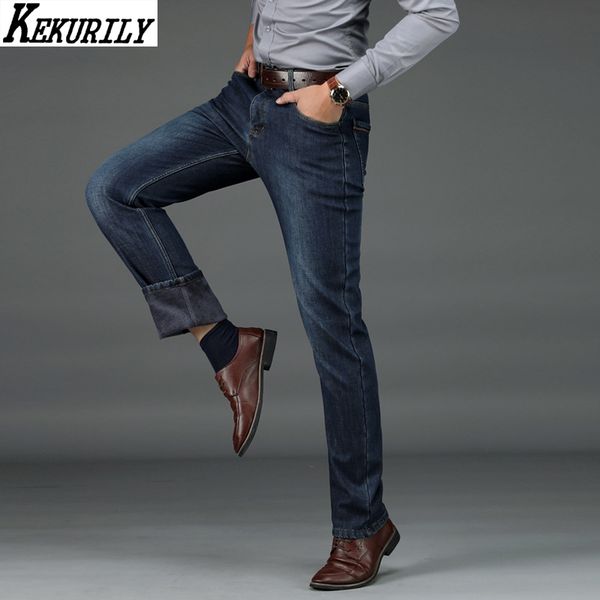 

men's jeans winter men warm fleece straight pants business denim long trousers casual for dark blue plus size