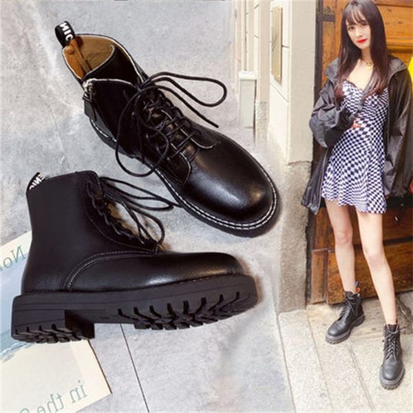 

2020 new women ankle boots black lace-up motorcycle boots female autumn winter ladies leather shoes botas mujer large size 35-42