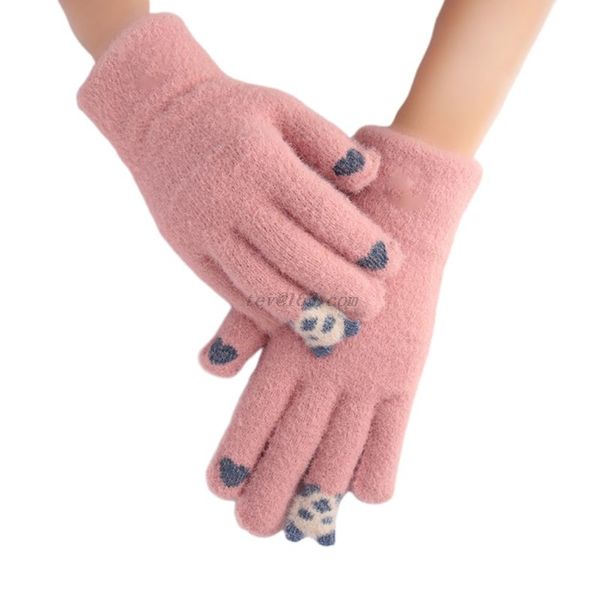 

women kids winter thick warm knit touchscreen gloves cute 3d cartoon panda outdoor cold weather full fingered mittens, Blue;gray