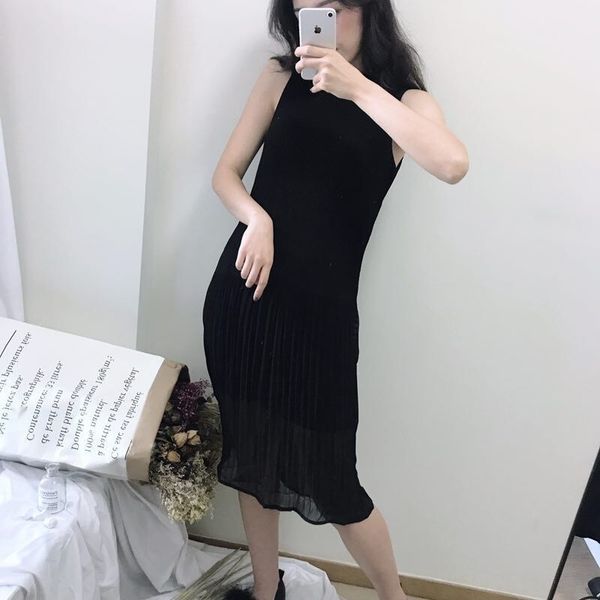 

new loose slimming stand collar a- line pleated chiffon vest mid-length a- line dress dress for women niytc, Black;gray