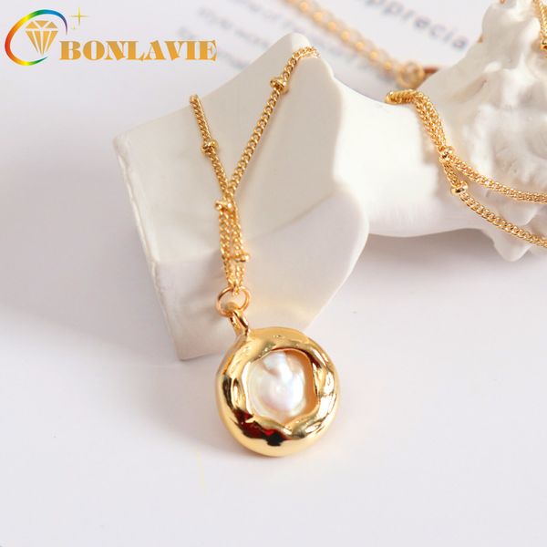 

bonlavie french retro simple baroque fresh water button pearl necklace mother shell elegant stacked belt pendant clavicle chain, Silver