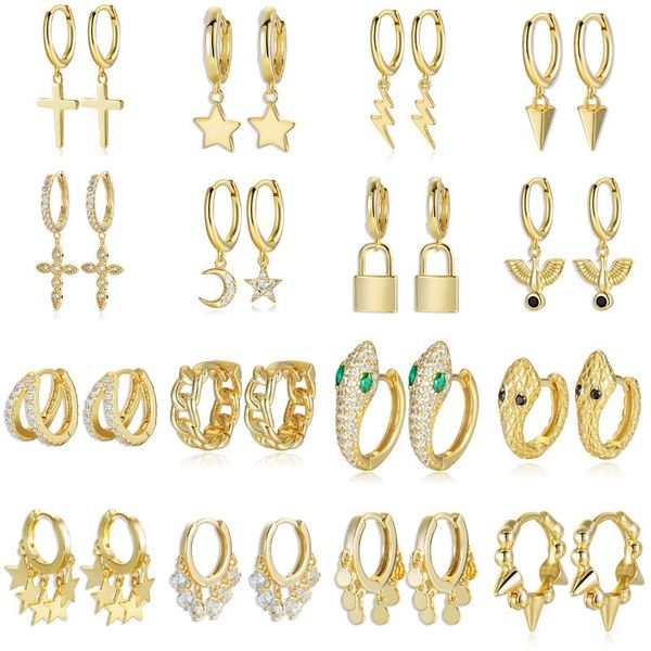 

925 sterling silver moon star cross lock earrings for women gold snake cz small hoop earrings piercing huggies 2020 new bijoux, Golden;silver
