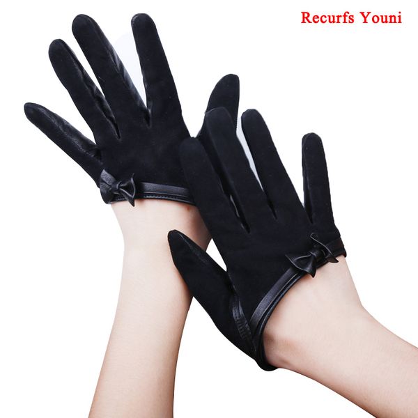 

winter women 100% suede genuine leather half palm gloves female real leather bow-knot black/wine red fahion show flip fur luvas, Blue;gray