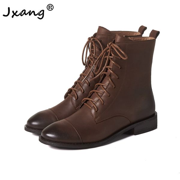 

jxang fashion cowhide women retro lace up ankle boots woman motorcycle boot girls knight boots work and casual, Black