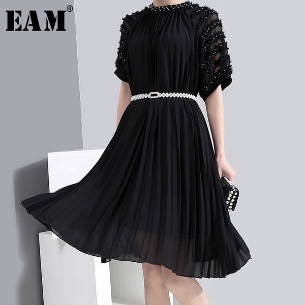

eam] women nailed pleaed split big size dress new stand collar half sleeve loose fit fashion tide spring autumn 2020 1s766 c200919, Black;pink
